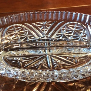 Vintage Oval Etched Glass Relish Dish, Clear Glass Server With Center Divider, Glass Relish Dish, Serving Plate, Glass Relish Plate