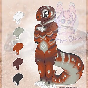 May include: A digital illustration of a red, white, and gray lizard-like creature with a spotted pattern. The creature has large eyes and a long tail. The illustration is on a light brown background with a color palette of white, gray, brown, dark brown, and black.