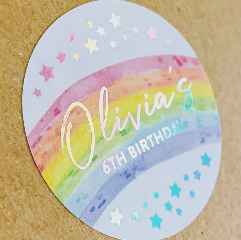 Personalised Rainbow Stickers • Holographic • Happy Birthday • Party Bag Seal • Sweet Cone Stickers • Thank you for coming 