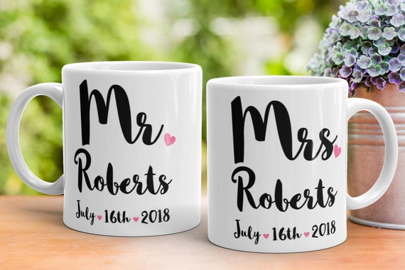 Pair of Personalised Mr /& Mrs Novelty Gift Mugs With Date