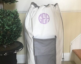 Personalized Laundry Bag/ Monogrammed laundry bag/Large laundry bag with pocket/ Graduation gift/Cream and gray laundry bag/Girls gift