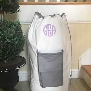 Personalized Laundry Bag/ Monogrammed laundry bag/Large laundry bag with pocket/ Graduation gift/Cream and gray laundry bag/Girls gift