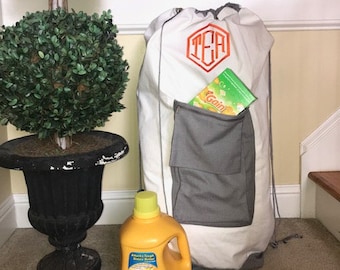 Personalized Laundry Bag with strap/ Monogrammed laundry bag/Large laundry bag with pocket/ Graduation gift/Cream and gray laundry bag