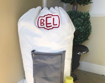 Personalized Laundry Bag with strap/ Heavy duty Monogrammed laundry bag/Large laundry bag with pocket/ Graduation gift
