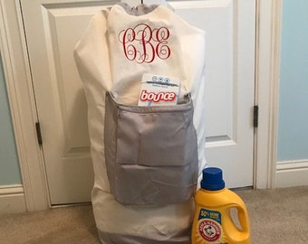 Personalized Laundry Bag/ Monogrammed laundry bag/Large laundry bag with pocket/ Graduation gift/Cream and gray laundry bag/Girls gift