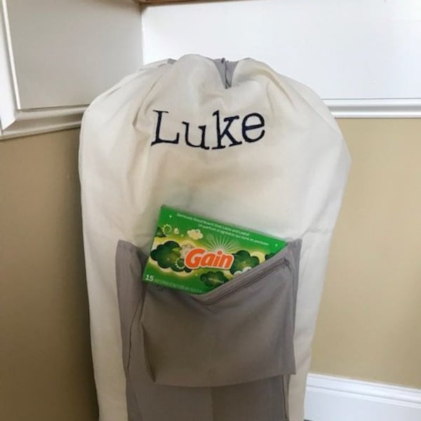 Personalized Laundry Bag/ Monogrammed laundry bag/Large laundry bag with pocket/ Graduation gift/Cream and gray laundry bag/Boys gift