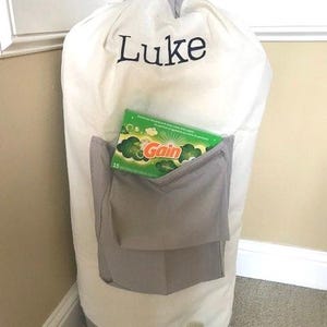 Monogrammed Laundry Bag with Pocket: Cream & Gray Dorm Decor
