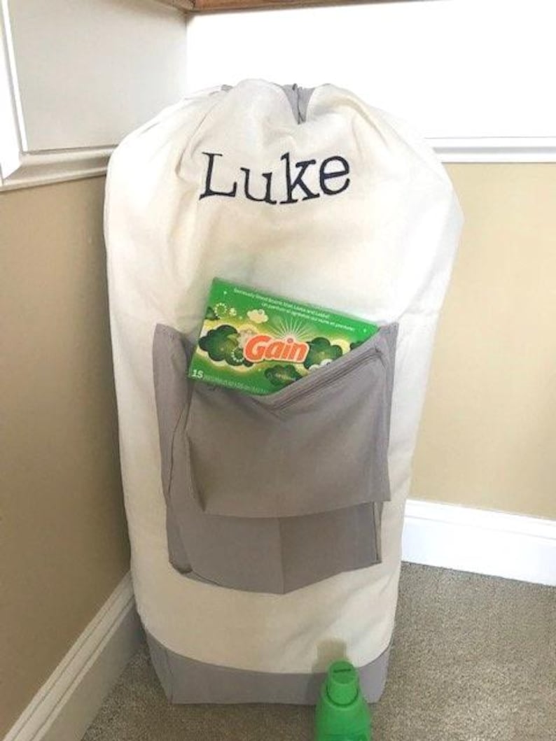 Monogrammed Laundry Bag with Pocket: Cream & Gray Dorm Decor