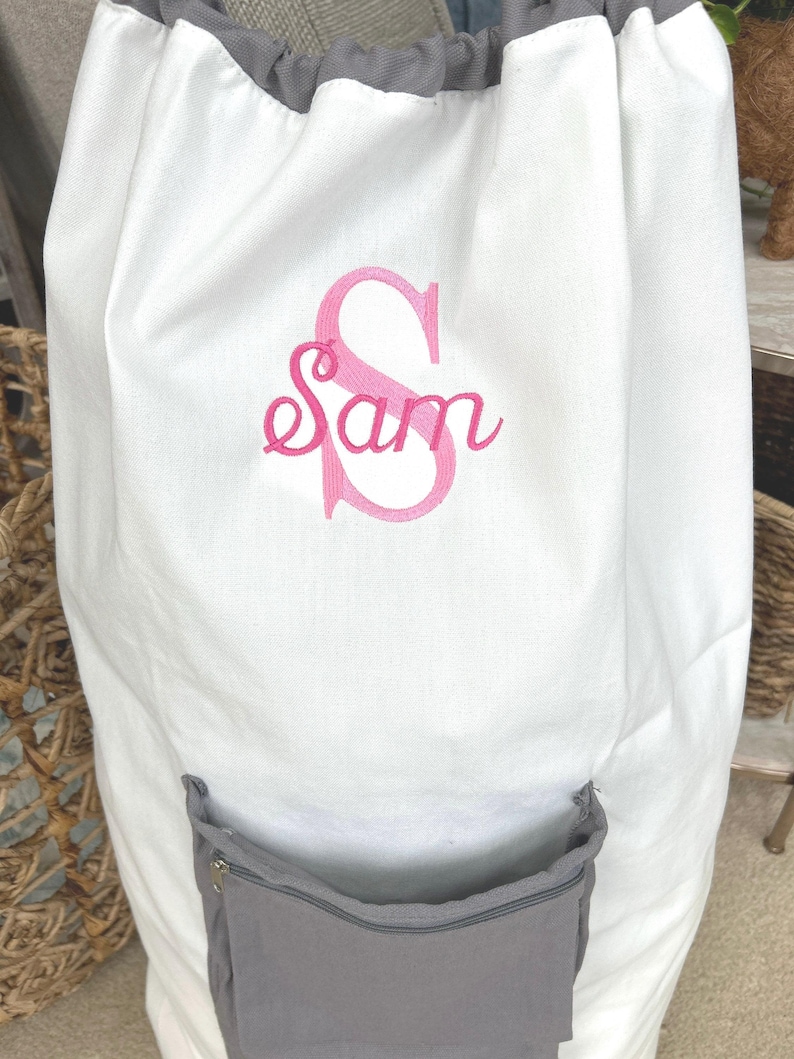 Personalized Laundry Bag/ Monogrammed laundry bag/Large laundry bag with pocket/ Graduation gift/Cream and gray laundry bag/Girls gift