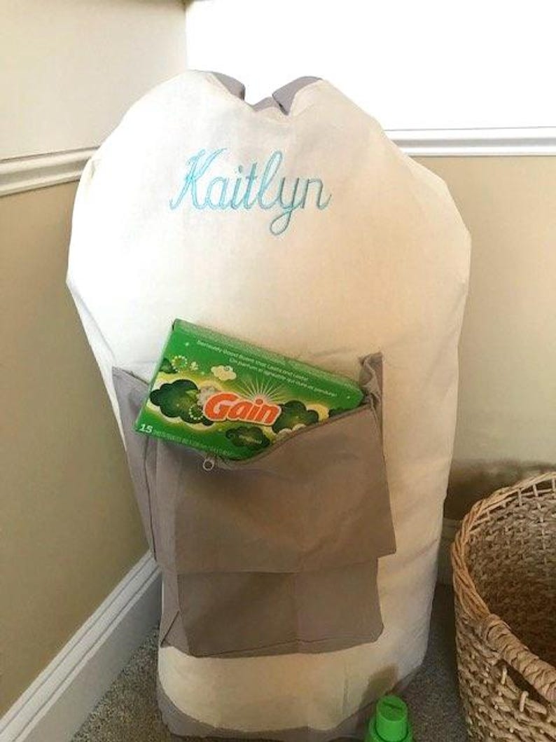 Personalized Laundry Bag with strap/ Monogrammed laundry bag/Large laundry bag with pocket/ Graduation gift/Cream and gray laundry bag