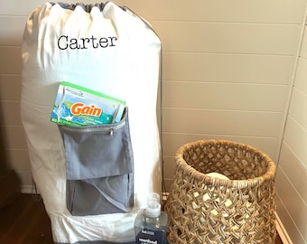 Personalized Laundry Bag/ Monogrammed laundry bag/Large laundry bag with pocket/ Graduation gift/Cream and gray laundry bag/Boys gift
