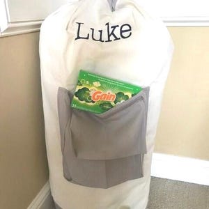 Personalized Laundry Bag/ Monogrammed laundry bag/Large laundry bag with pocket/ Graduation gift/Cream and gray laundry bag/Boys gift