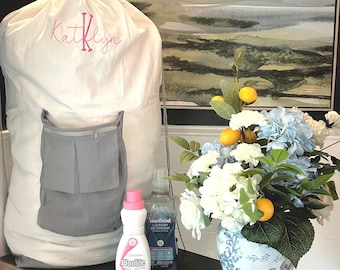 Personalized Laundry Bag/ Monogrammed laundry bag/Large laundry bag with pocket/ Graduation gift/Cream and gray laundry bag/Girls gift