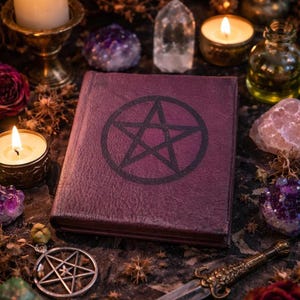 May include: A burgundy book featuring a black pentagram on its cover, surrounded by candles, crystals, and other mystical objects. The image creates a sense of spirituality and the occult.
