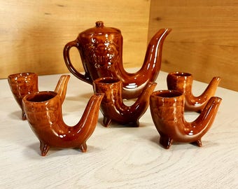 Vintage ceramic set, Ceramic set, Wine set, Vintage ceramics jug and cups, Handmade and hand painted clay set, Traditional folk set