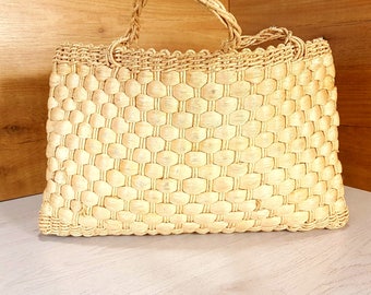 Vintage 70s Embroidered Rattan Bag, Large Woven Purse