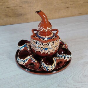 Vintage clay set, Vintage 1950s clay service, Unique service of 6 cups jug and tray, Old clay service, Hand painted clay service