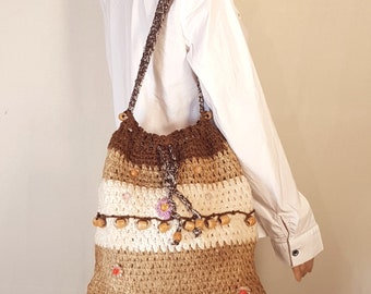 Vintage Hand-Knit Crossbody Bag: 70s Boho Woven Shoulder Purse
