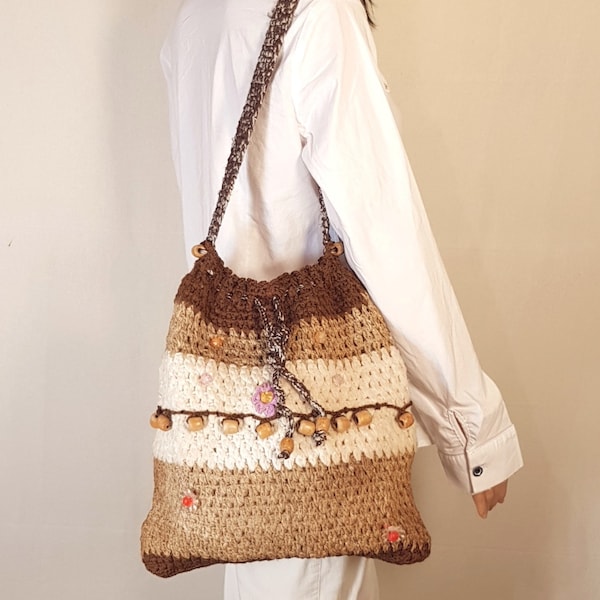 Vintage crossbody bag, Woven shoulder bag, Long strap purse, Brown bag, Summer bag, Boho bag, Handmade small purse, Woven bag - 70s