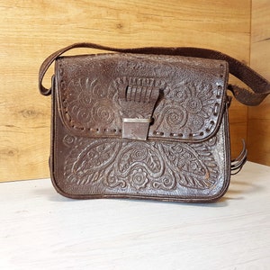 Vintage Brown Leather Bag: Embossed Floral Design, 1960s Ladies Bag
