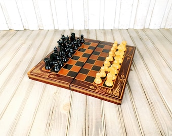 Vintage Wooden Chess Set: Hand Pyrographed Family Game (13 in)