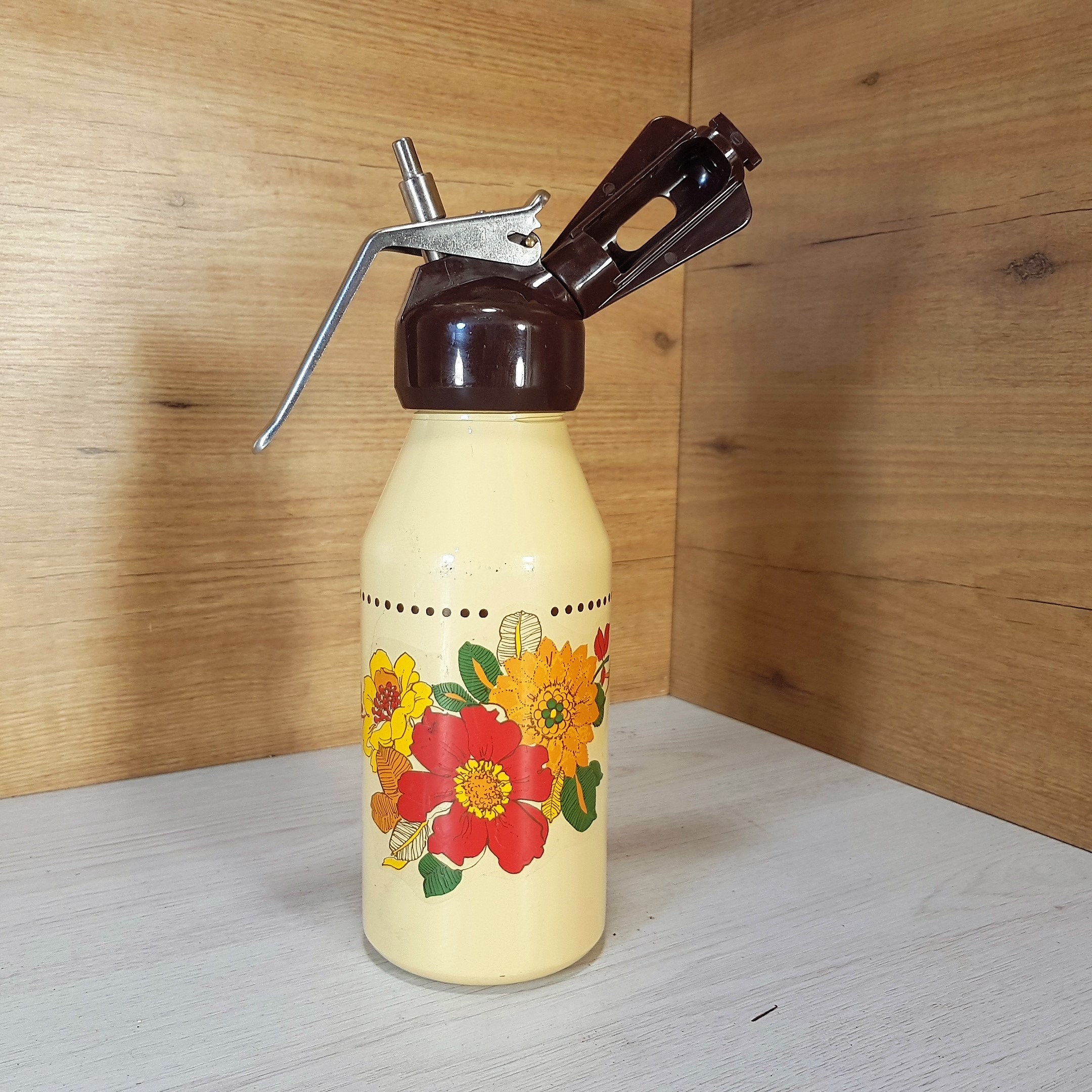 Vintage Floral Soda Siphon: 1970s Retro Bar Decor