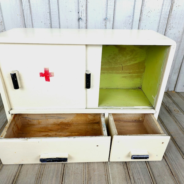 Wall cabinet chest cupboard, Antique rare wooden medicine apothecary, Vintage wooden medicine cabinet, Wood box red cross,  Pharmacy cabinet