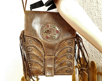 Vintage Brown Leather Bag: 60s Ladies Beaded Purse