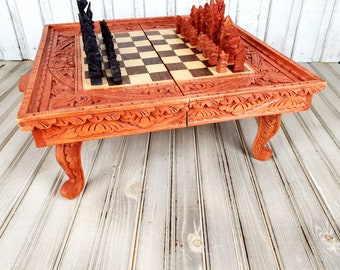 Handmade Woodcarving Chess and Backgammon Set: Unique Souvenir