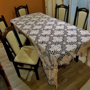 Vintage tablecloth, Tablecloth, Big tablecloth, White cotton tablecloth, Handmade tablecloth from 1970, Crochet oblong tablecloth