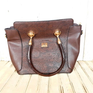 Vintage Brown Leather Bag: Embossed Ladies Handbag, 80s Style