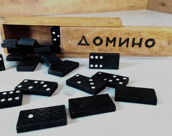 Vintage domino game, Wooden domino game, Black figures boxed set, Dominoes set, Wooden domino set, Family game, Bulgarian dominoes