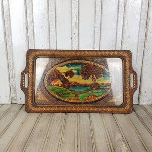 Painted glass tray, Tray with handles, Drawing tray, Tray kitchen decor, Vintage tray, Breakfast bed tray, Coffee table tray