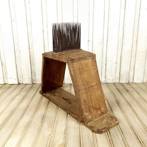 Vintage comb for processing of wool, Antique primitive wood, Wooden metal teeth tools, Primitive old handmade carved big wooden comb