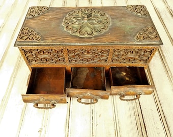 Hand-Engraved Antique Copper Jewelry Box with Drawers