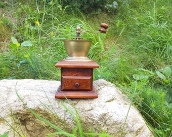Vintage coffee grinder, Coffee grinder, Hand grinder, Wooden mill with container, Pepper grinder, Retro kitchen decor, Brown coffee mill