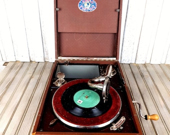 Vintage record player, Antique gramophone, Turntable, Rare antique turntable, Gramophone with built-in funnel, Old portable record player