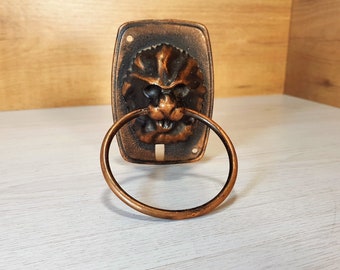 Könnte beinhalten: Ein kupferfarbener Türklopfer mit einem Löwenkopf-Design und einem Ring zum Ziehen. Der Türklopfer ist auf einer rechteckigen Platte montiert.