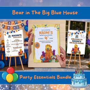 Pode incluir: Um pacote de itens essenciais para festas com um convite de aniversário, uma placa de boas-vindas e um quadro de estado, todos com o tema "Bear in the Big Blue House". O convite é segurado por mãos e inclui o texto "Naomi's Big Blue House Birthday". Um bolo e balões também estão incluídos.