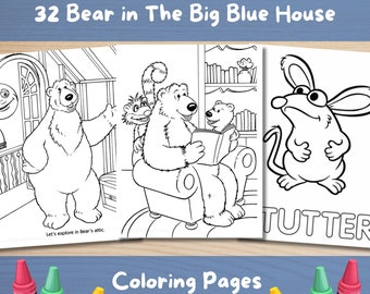 May include: Black and white coloring pages featuring characters from the children's television show "Bear in the Big Blue House". The pages include Bear, Tutter the mouse, and other characters from the show. The text "Let's explore in Bear's attic." is included on one of the pages.