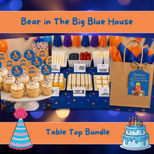 May include: A party table setting with cupcakes, snacks, and a cake. The theme is "Bear in The Big Blue House." Includes a party hat, gift bag, and a cake with candles. The table is decorated with blue and orange accents.