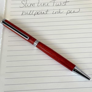 Wooden ballpoint ink pen, chrome finish, red colored wood, twist open pen, Slim line twist pen