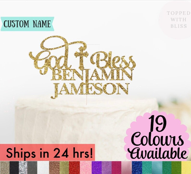 Custom Personalized Baptism Cake Topper Custom God Bless Cake Topper God Bless Cake Topper Christening Cake Topper Glitter Cake Topper