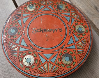 Lata de caramelos Schrafft's antigua, estilo rústico Art Déco, publicidad gráfica.