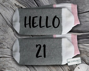 21st Birthday, Hello 21, SUPER SOFT Novelty Word Socks.