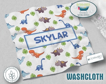 Personalized Kids' Custom Dinosaur Washcloth with Name - Fun and Eco-Friendly Bath Time.