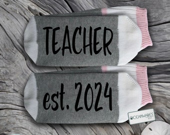 New Teacher gift, Teacher est. 2024, SUPER SOFT Novelty Word Socks.