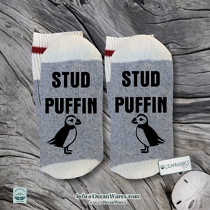 Puffin gift set, includes a hand sewing craft kit and bamboo socks