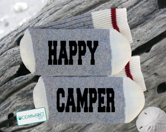 Happy Camper, Camping, Camp, SUPER SOFT Novelty Word Socks.