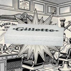 May include: A rectangular, off-white, speckled storage box featuring the black Gillette logo with an arrow design on the lid. The box is positioned against a black and white graphic illustration of a vintage barbershop interior scene.